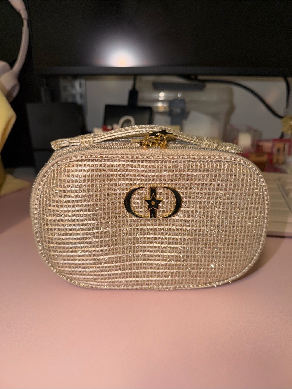 Dior beauty gold glitter sparkle cosmetic case bag